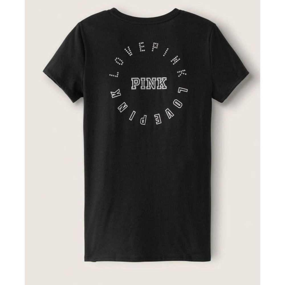 PINK VS XL Pure Black Rhinestone Bling Everyday Short Sleeve Tee Shirt